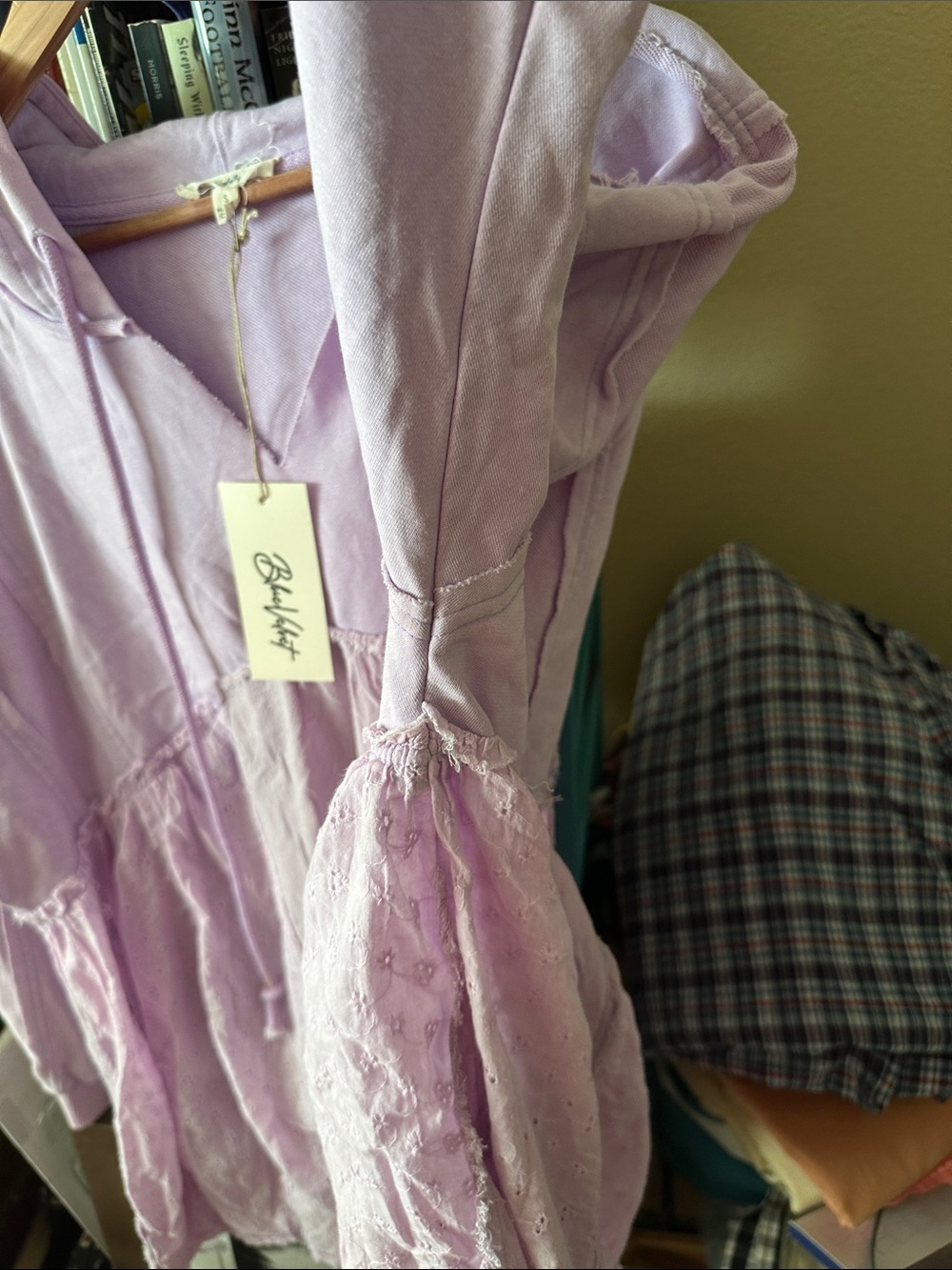 Light Lavender Hooded Pullover with Eyelet and Lightweight Cotton Tier Raw Seams - Picture 7 of 17